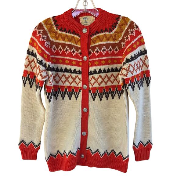 Vintage 1960s Wool Fair Isle Cardigan | Hong Kong | Silver Buttons | M - Picture 2 of 9